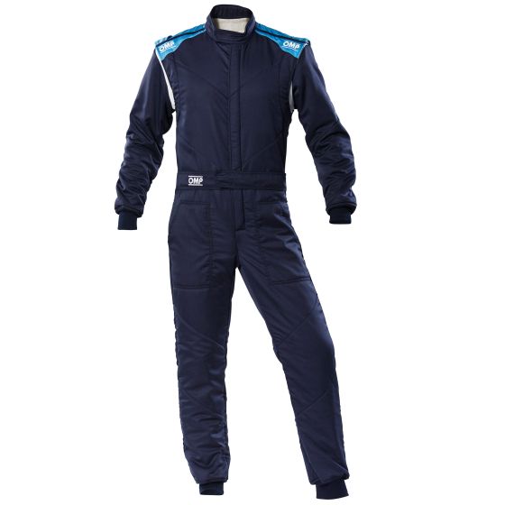 Navy blue racing suit with cyan accents, featuring a zip front, quilted material, and OMP branding on the shoulders and chest, designed for competitive motorsport use.