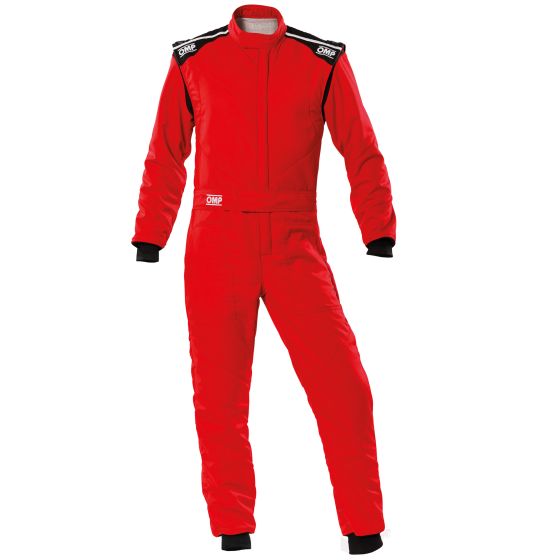 Bright red racing suit with black shoulder straps, featuring a zippered front, long sleeves, and elastic cuffs, made from fire-resistant material for safety. Size 44.