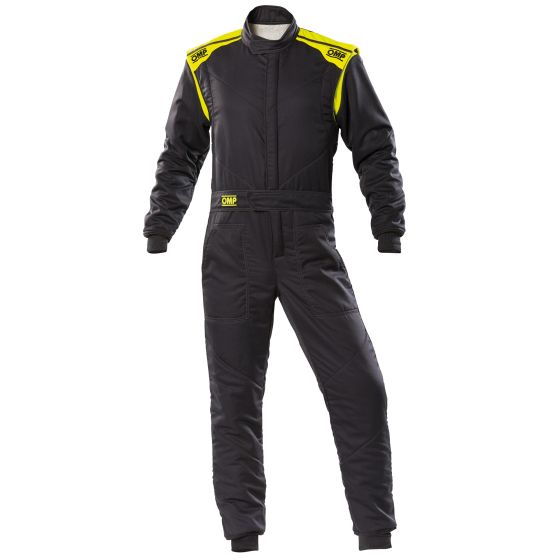 Anthracite racing suit with fluro yellow accents, featuring a zip front, padded shoulders, and a sleek design, ideal for motorsport enthusiasts.