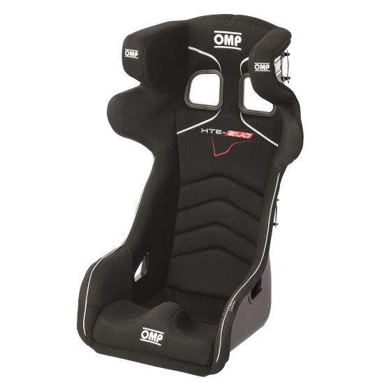 Black fibreglass racing seat with a small size, featuring a sleek design, side bolsters, and OMP branding, designed for optimal support and safety.