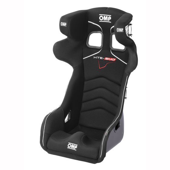 Black fibreglass racing seat with high side bolsters, head support, and OMP branding, featuring a textured fabric surface and a sleek, ergonomic design for enhanced driver safety and comfort.