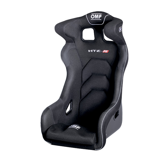 Black fiberglass racing seat with ergonomic design, featuring side bolsters, cutouts for harnesses, and OMP branding on the headrest and seat base.
