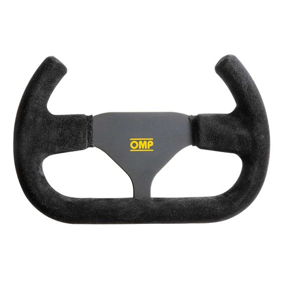Black suede steering wheel with a distinctive open design, featuring yellow OMP logo and ergonomic grips for enhanced control in racing applications.