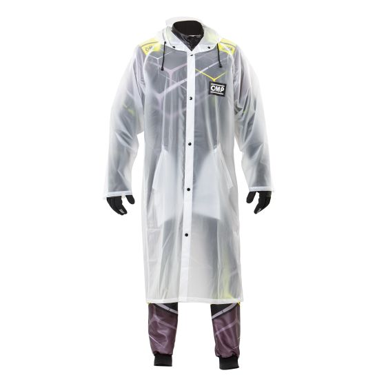 Transparent raincoat with a hood, featuring yellow accents and the OMP logo, designed for karting, with a long length and snap button closure.
