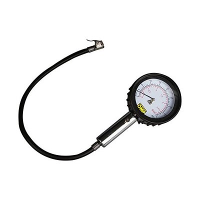 Black and silver OMP Karting Tyre Pressure Gauge with a round white dial, marked measurements, and a flexible hose with a metal connector.