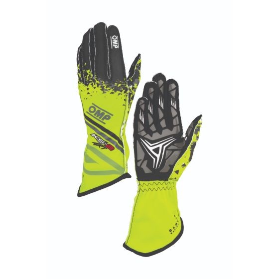 Yellow and black OMP KS-2 Art Kart gloves in size XXXXS, featuring a sleek design with grip-enhancing material and a stylish graphic pattern on the backhand.
