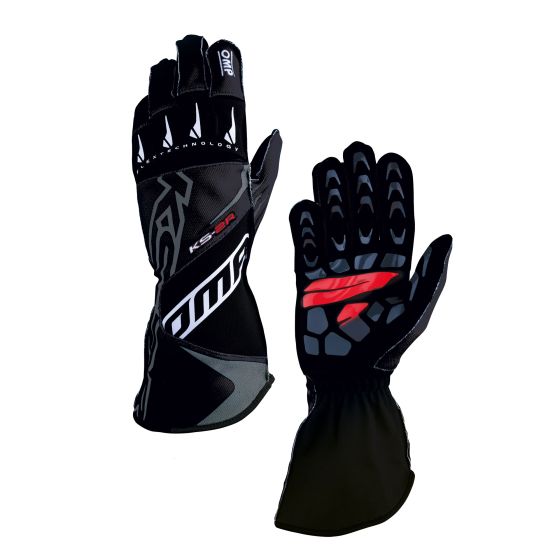 Black kart gloves with red accents, featuring a textured grip, reinforced fingers, and a sleek design, ideal for racing enthusiasts.