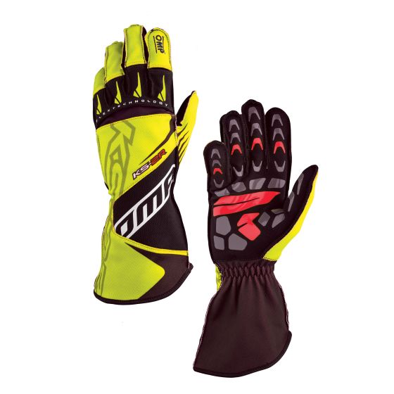 Fluro yellow and black kart gloves featuring a sleek design, reinforced grip on palms, and elastic wrist for a secure fit, ideal for karting enthusiasts.