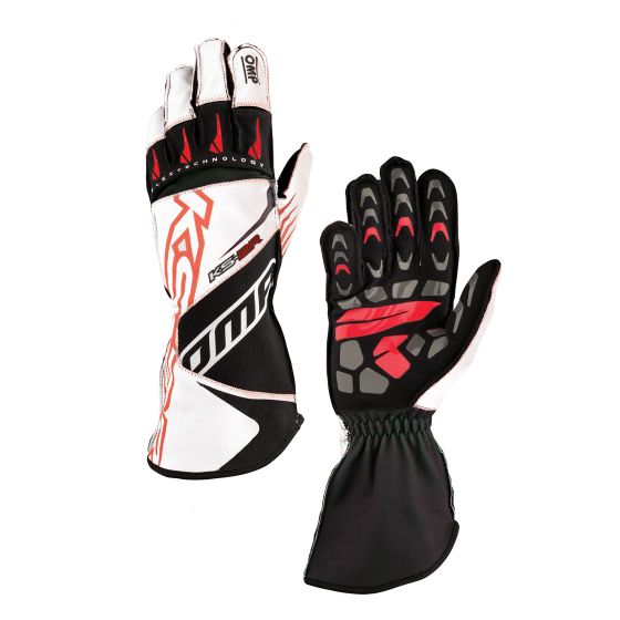White and black kart gloves with red accents, featuring a flame design, reinforced palm, and flexible wrist for enhanced grip and comfort, sized XXXS.