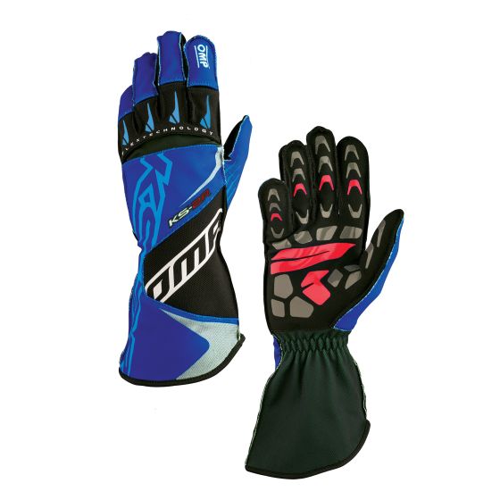 Blue and black OMP KS-2R kart gloves featuring a sleek design, reinforced grip, and a comfortable fit, suitable for racing enthusiasts in size XXXXXS.
