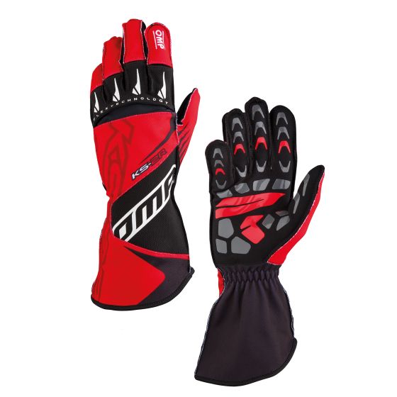 Red and black OMP KS-2R kart gloves with a sleek design, featuring padded palms, finger grips, and a snug fit for enhanced control and comfort.