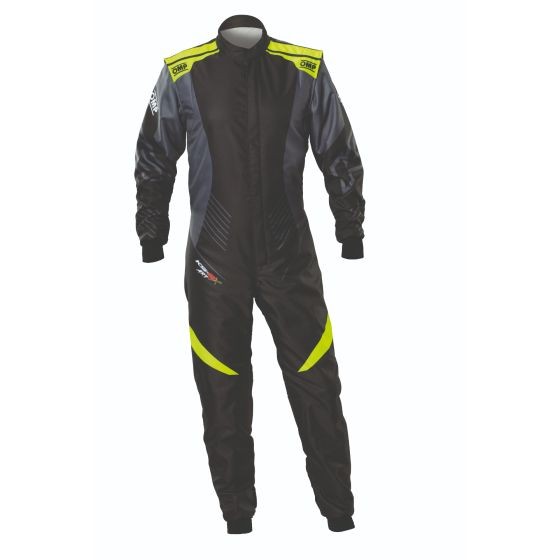 Black kart racing suit with yellow accents, featuring a zippered front, long sleeves, and a sleek design, made from lightweight, breathable material, size 160cm.