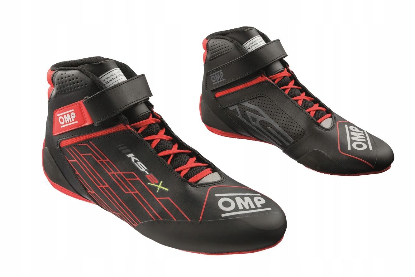 Black and red karting shoes featuring a sleek design, breathable material, reinforced toe, and adjustable Velcro strap, size 37, by OMP.