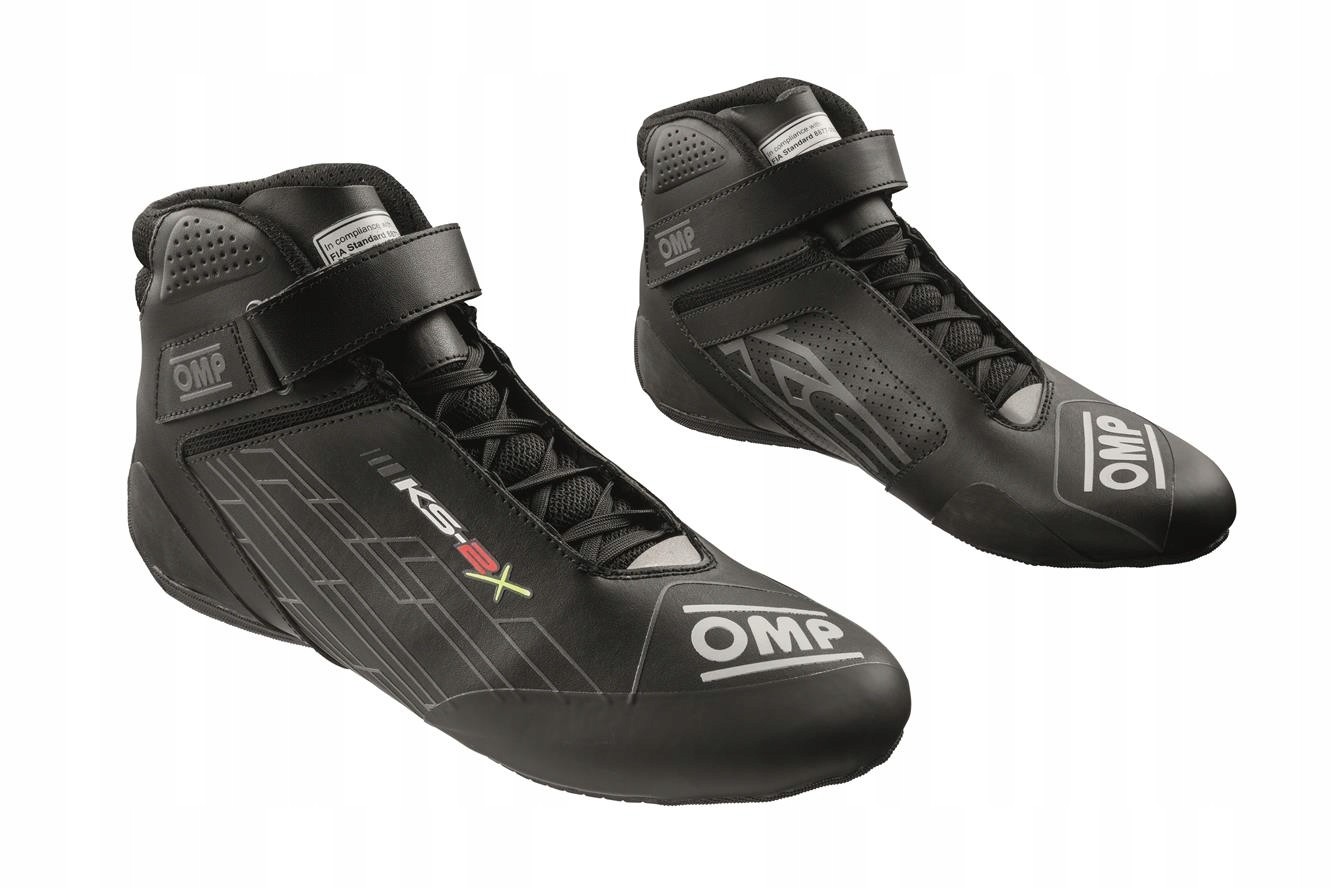 Black karting shoes OMP KS-2X, FIA 8877-2022, size 40, featuring a sleek design, velcro strap, and textured material for grip and support.