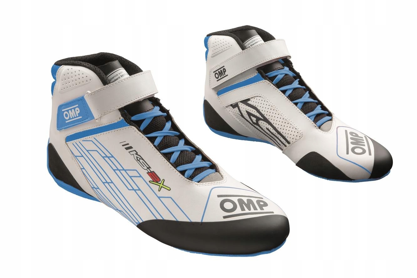 White and blue karting shoes with a sleek design, featuring a velcro strap, breathable mesh panels, and a black rubber sole, size 41, by OMP.