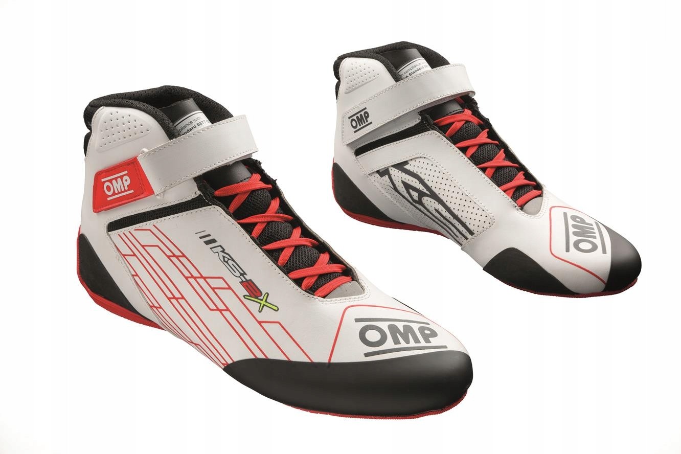 White and red karting shoes with a sleek design, featuring a Velcro strap, breathable mesh panels, and a black rubber sole, size 47, by OMP.