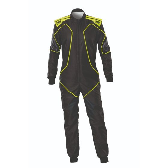 Black karting suit with fluro yellow accents, featuring a zip front, long sleeves, and a sleek design, made from lightweight, breathable material, size 44.