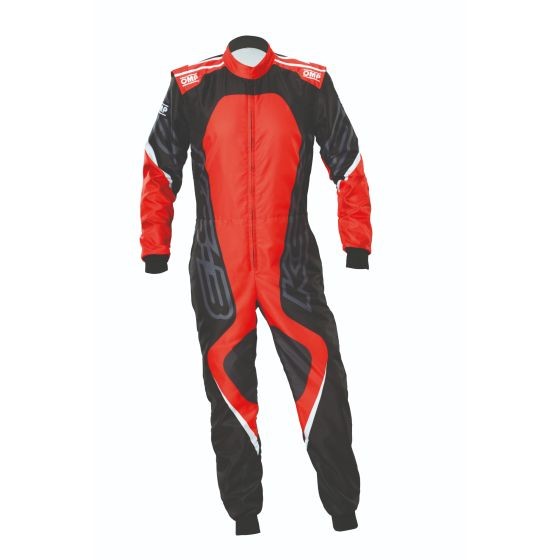 Black and red OMP KS-3X Art Kart Suit, size 58, featuring a sleek design with contrasting colors and a comfortable fit, ideal for kart racing.
