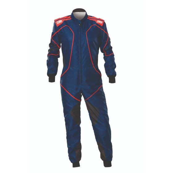 Navy blue and red OMP KS-3X Art Kart Suit, size 56, featuring a zip front, black accents, and padded areas for enhanced comfort and protection during karting.