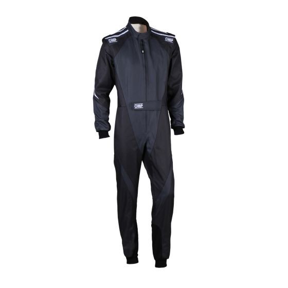 Black and anthracite kart suit with a zip front, OMP branding on the shoulders, and a sleek design, available in size 44.
