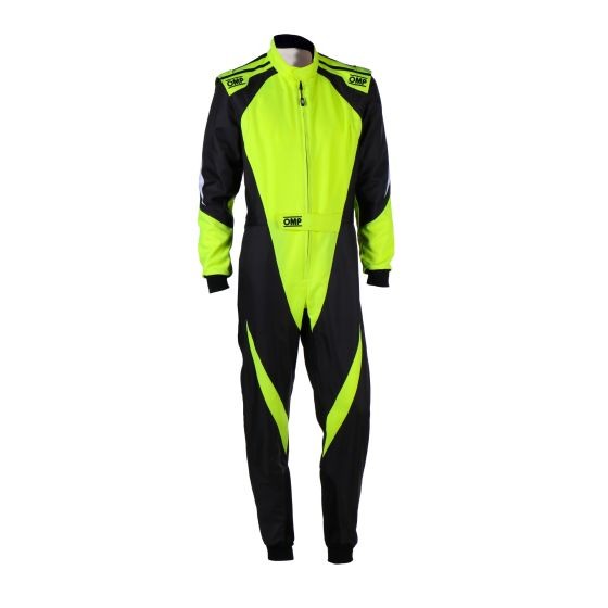 Black kart suit with fluro yellow accents, featuring a zip front, long sleeves, and a fitted design, suitable for karting, size 160cm by OMP.