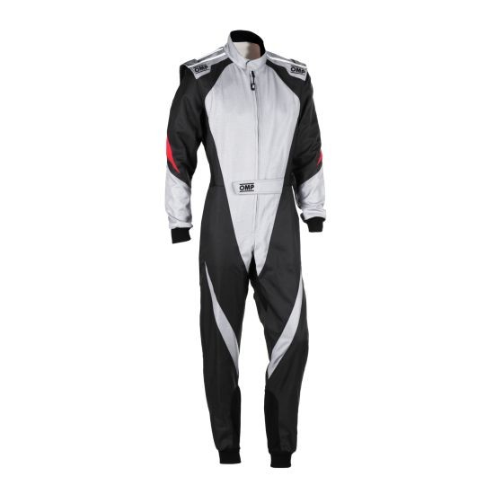 Black, silver, and red OMP KS-3X kart suit made of durable material, featuring a zip front, contrasting panels, and a fitted design, sized at 130cm.