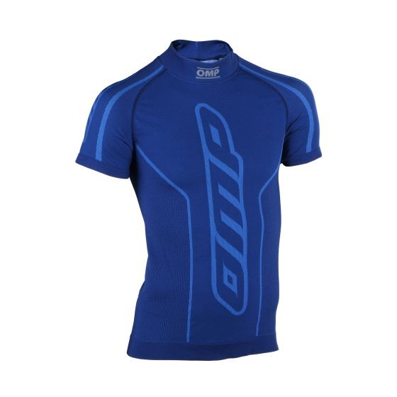 Blue short sleeve top for kids aged 8-10 years by OMP, featuring a high collar, textured fabric, and a prominent OMP logo on the front.