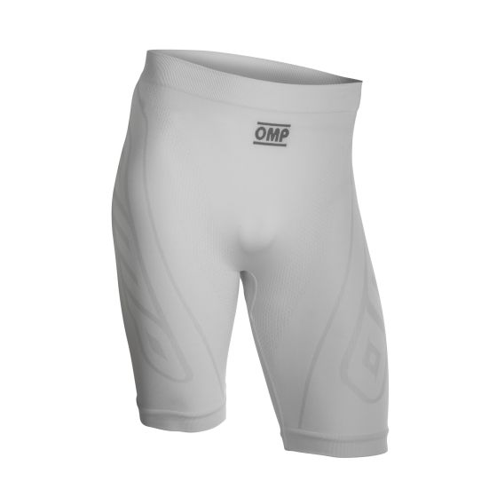 White OMP KS shorts in size XL/XXL, featuring a snug fit, breathable material, and subtle textured detailing on the sides.