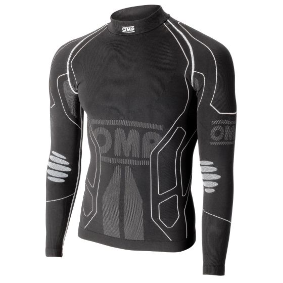 Black long sleeve top featuring a high collar, reflective detailing, and a fitted design, made from a stretchy material, available in size XXL/XXXL by OMP.