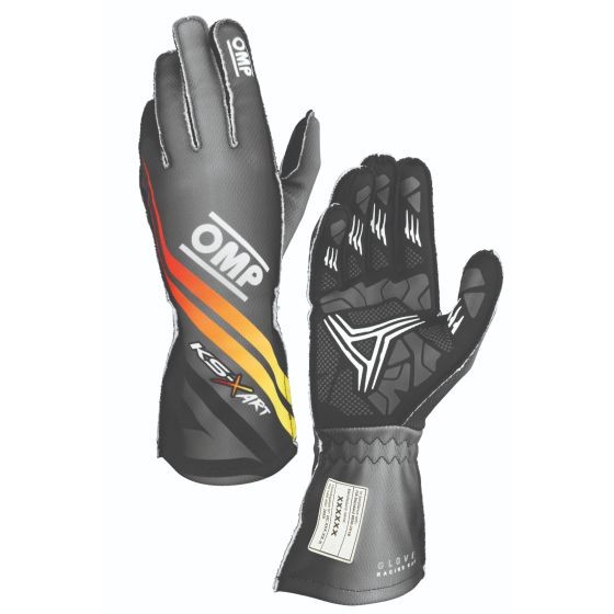 Black and gray karting gloves with orange and yellow stripes, featuring a textured grip pattern on the palm and reinforced stitching, size XL, designed for racing performance.