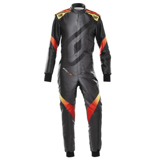 Black kart suit with red and yellow accents, featuring a sleek design, OMP branding, and a snug fit, tailored for karting enthusiasts, size 130cm.