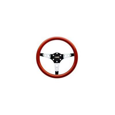 OMP Mugello wooden steering wheel featuring a rich red wood grip, a black metal hub with multiple holes, and a sleek, sporty design.