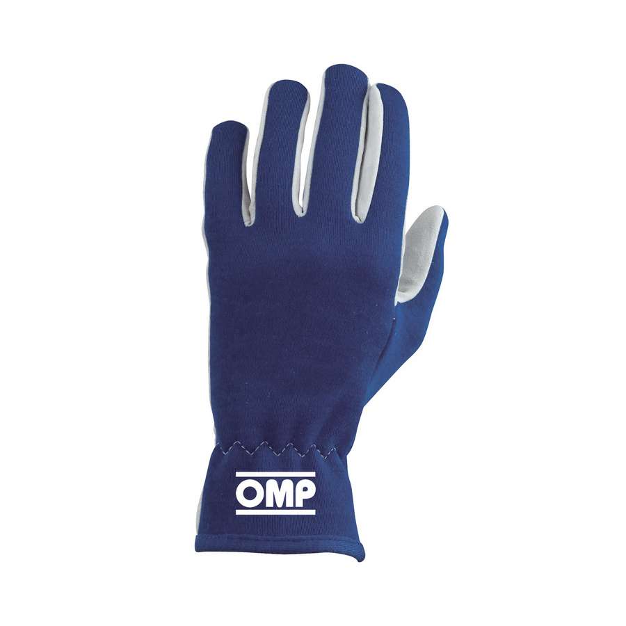 Navy blue rally race gloves with white inner lining and OMP logo on the wrist, designed for enhanced grip and comfort in motorsport activities.