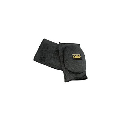 Black Nomex elbow pads by OMP, featuring a textured fabric, padded protection, and a prominent OMP logo in yellow on the front.