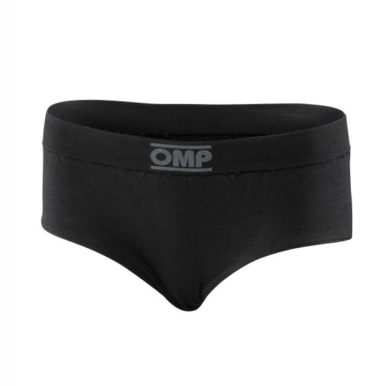 Black fire retardant women's knickers by OMP, featuring a comfortable waistband with the OMP logo, designed for safety and performance in size S.