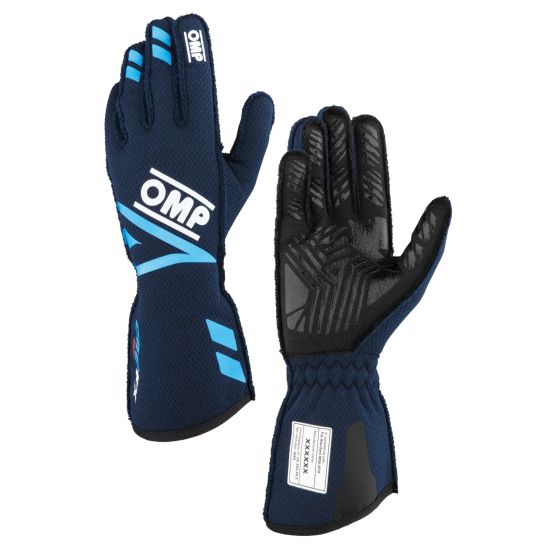 Navy blue and cyan OMP One Evo FX race gloves in size XS, featuring a textured black palm for grip and a snug fit with reinforced stitching and branding.