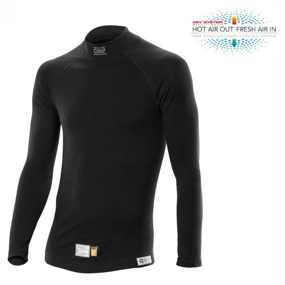 Black long sleeve top made of lightweight, breathable material with a high neck and OMP branding, designed for comfort and performance in racing. Size M.