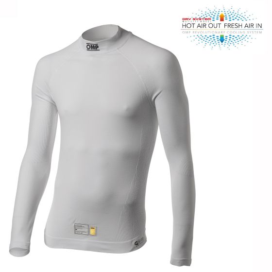 White long sleeve top made of breathable material, featuring a round neck, fitted design, and OMP branding, available in size XS/S with a cooling system label.