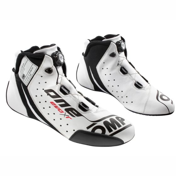 White racing boots with black accents, featuring a sleek design, lace-up closure, and OMP branding, sized UK 11 / EUR 46.