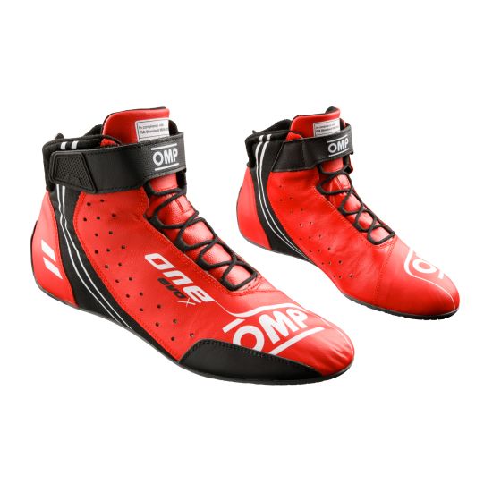 Red OMP One Evo X race boots in size UK 5 / Eur 38, featuring a sleek design, perforated material for breathability, and a secure ankle strap for support.