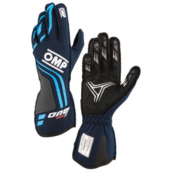 Navy blue and cyan race gloves with a textured grip, reinforced stitching, and a snug fit, designed for optimal performance in motorsport. Size XS.