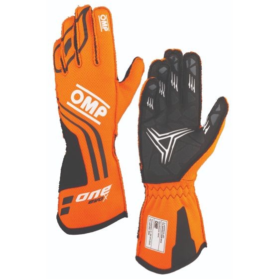 OMP One Evo X race gloves in orange and black, featuring a textured grip, reinforced palm, and a snug fit, designed for optimal performance in racing. Size XS.