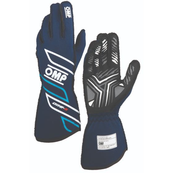 Navy blue and cyan OMP One S Race Gloves in size XL, featuring a sleek design, textured grip on the palm, and a comfortable fit for racing enthusiasts.