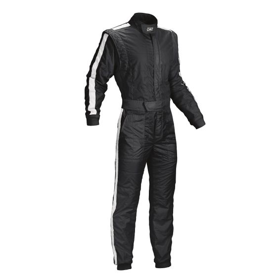 Black vintage race suit with white side stripes, featuring a zippered front, long sleeves, and a fitted design, made from lightweight, breathable material, size 54.