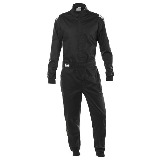 Black single-layer race suit by OMP, featuring a high collar, long sleeves, elastic cuffs, and a comfortable fit, designed for racing performance in size M.