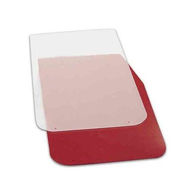 Red polyethylene mudflaps with a smooth finish, featuring rounded corners and pre-drilled holes for easy installation, designed for durability and protection.