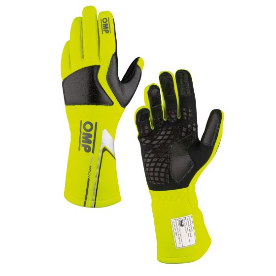 Yellow OMP PRO Mech-S Mechanics Gloves in size XL, featuring a black textured grip on the palm, reinforced fingertips, and a sleek design for enhanced dexterity and protection.