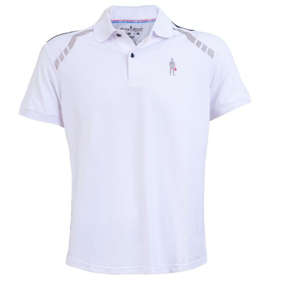 White polo t-shirt with a classic collar, featuring grey shoulder accents and a small racing figure logo on the left chest, made from breathable material.