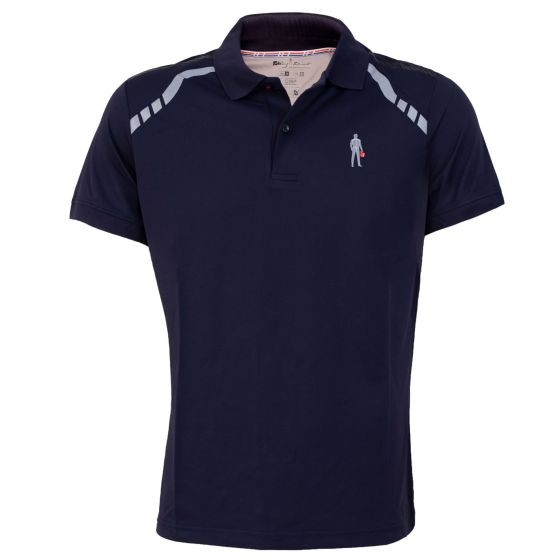 Navy blue polo t-shirt made of breathable material, featuring a classic collar, short sleeves, and white shoulder stripes with a small logo on the chest.