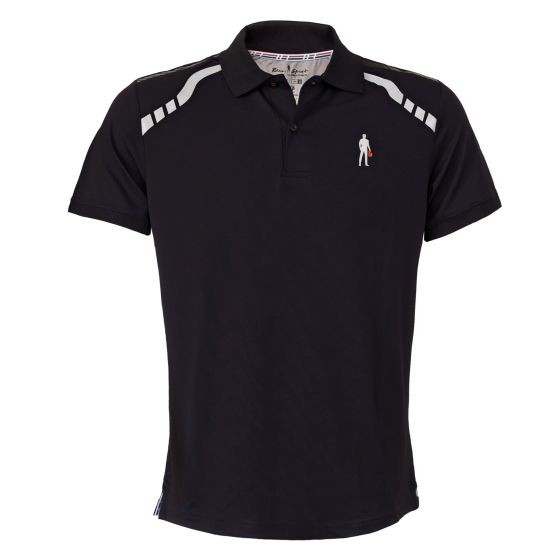 Black polo t-shirt featuring a classic collar, short sleeves, white shoulder stripes, and a small embroidered logo on the chest, made from breathable material.